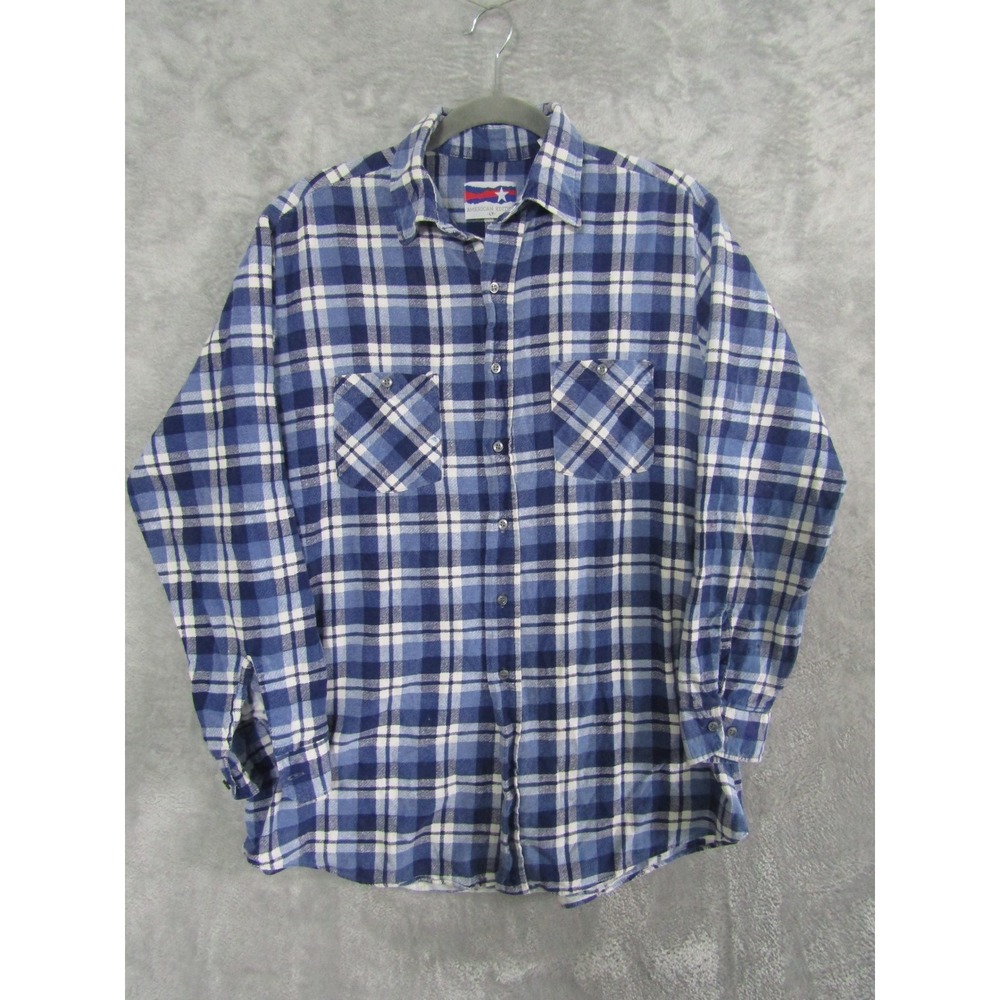 American Edition‎ Plaid Flannel Shirt Blue White Long Sleeve Button Up LT